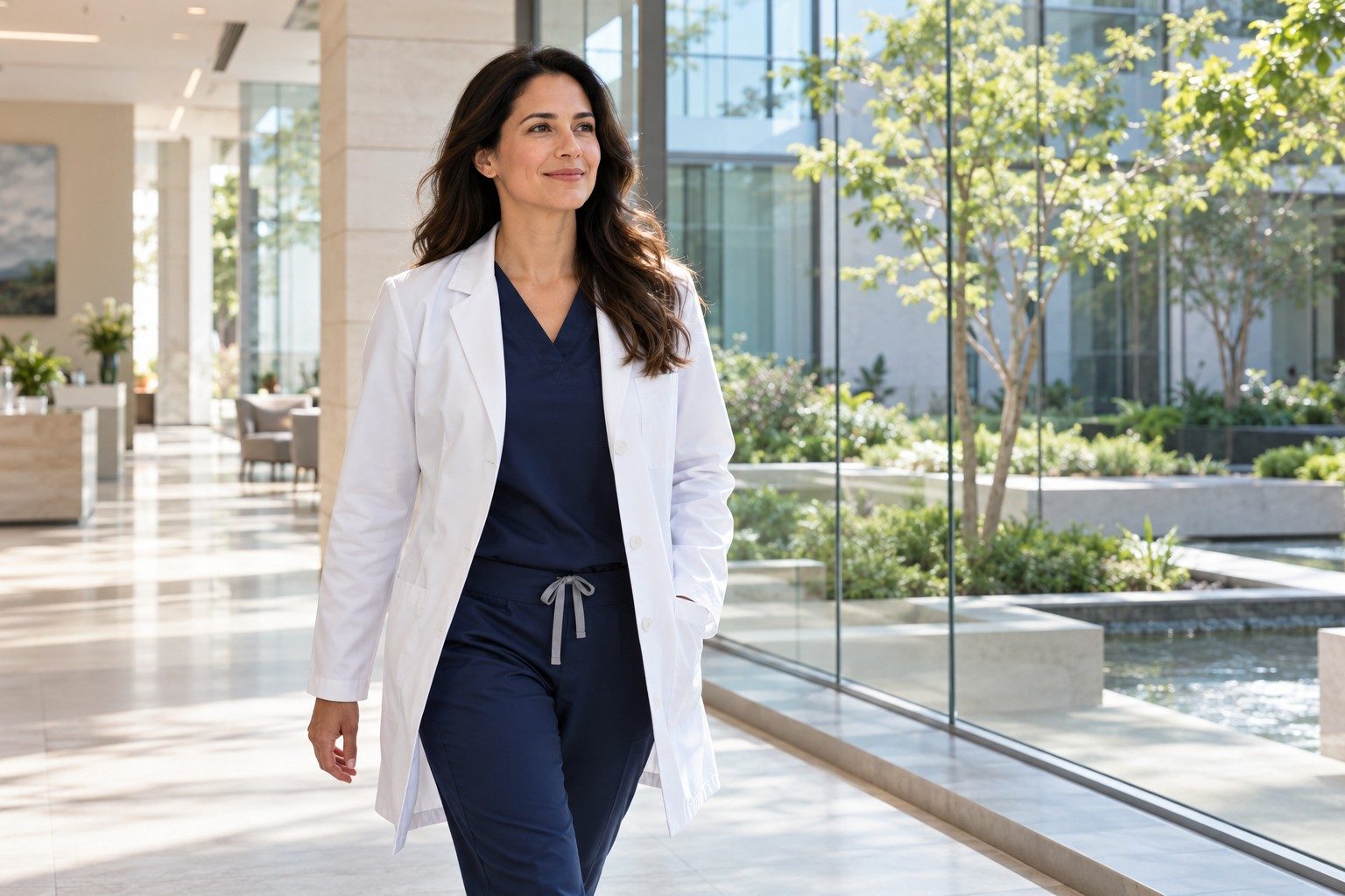 A physician walking through a sunlit medical building