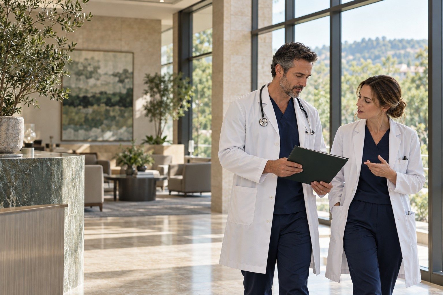 Two physicians reviewing notes together