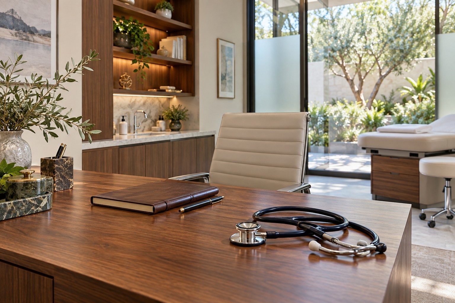 A physician’s desk with a stethoscope and notebook
